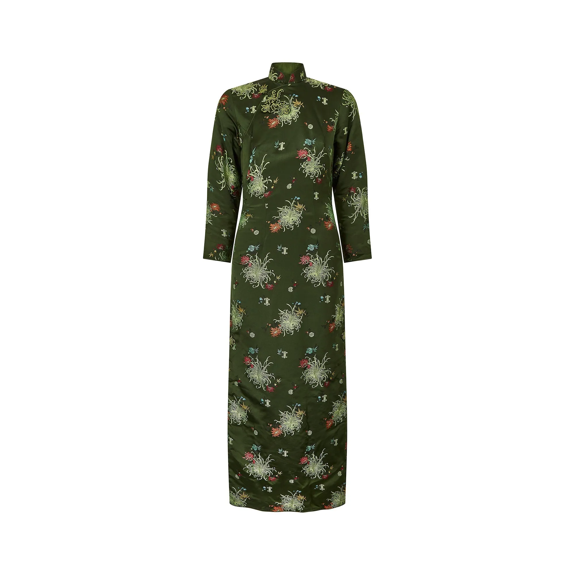 1960s Green Oriental Heavy Silk Floral Full Length Dress