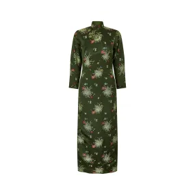 1960s Green Oriental Heavy Silk Floral Full Length Dress