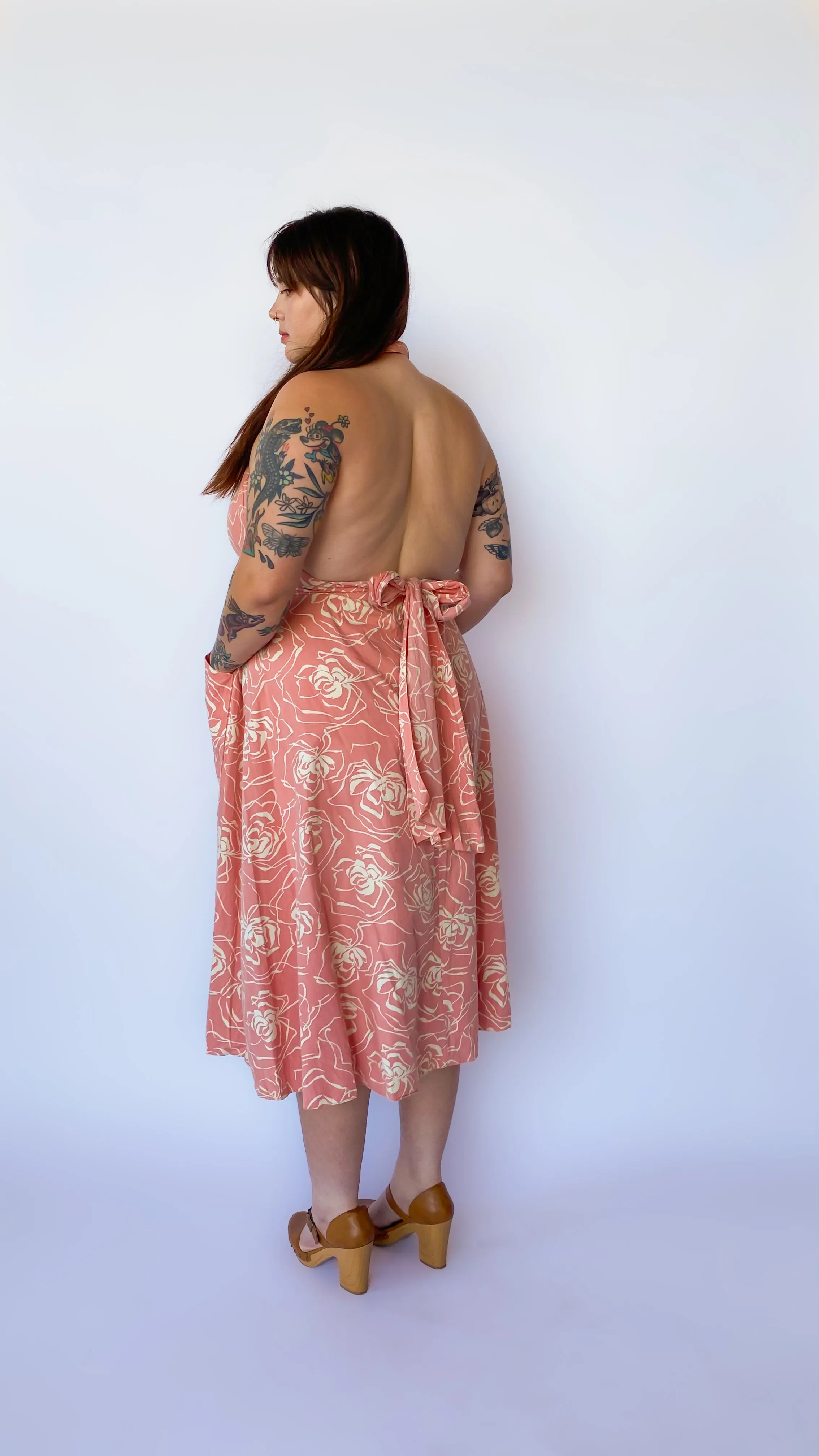 1980s Peach Floral Halter Dress, sz. XL