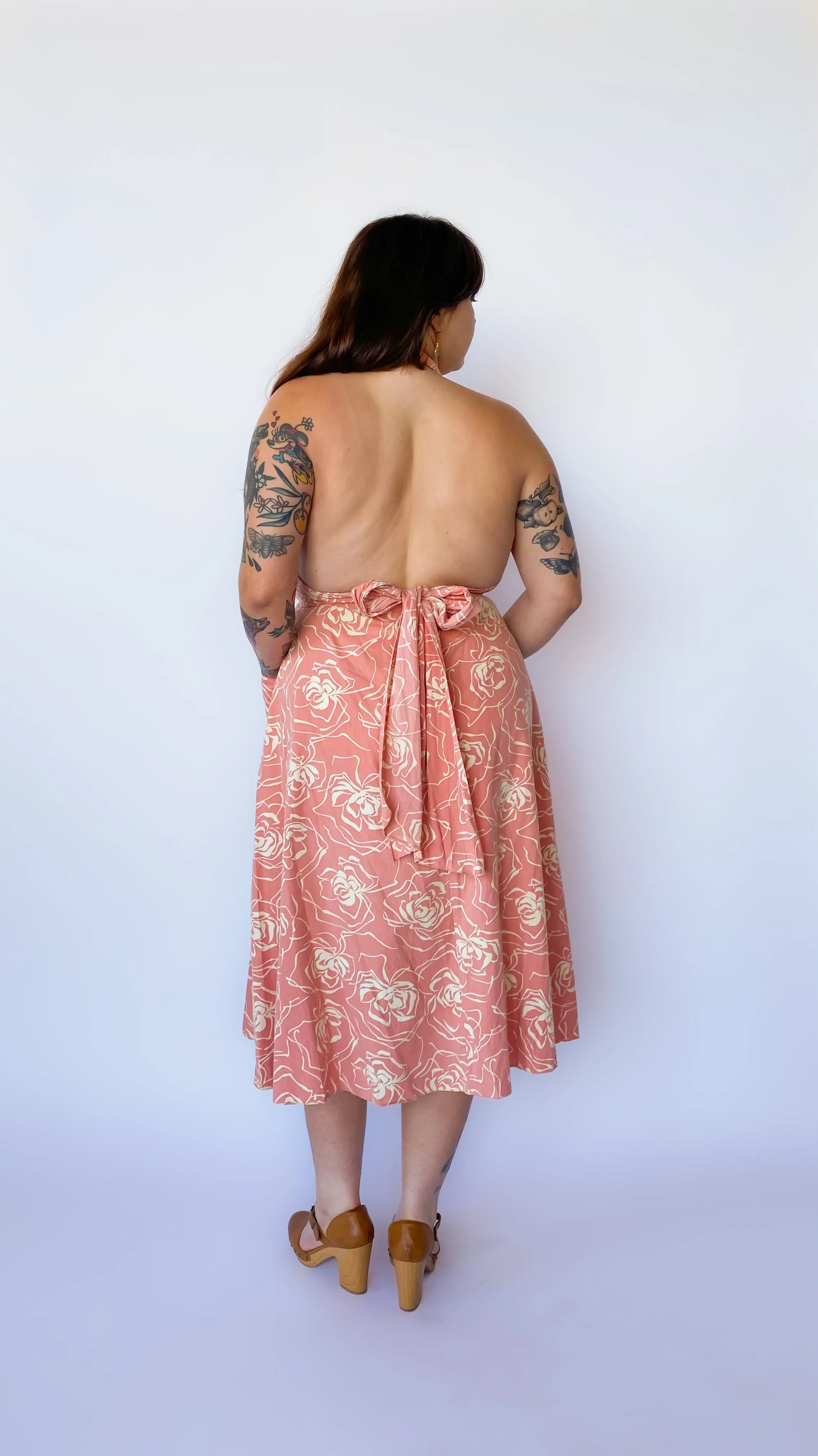 1980s Peach Floral Halter Dress, sz. XL