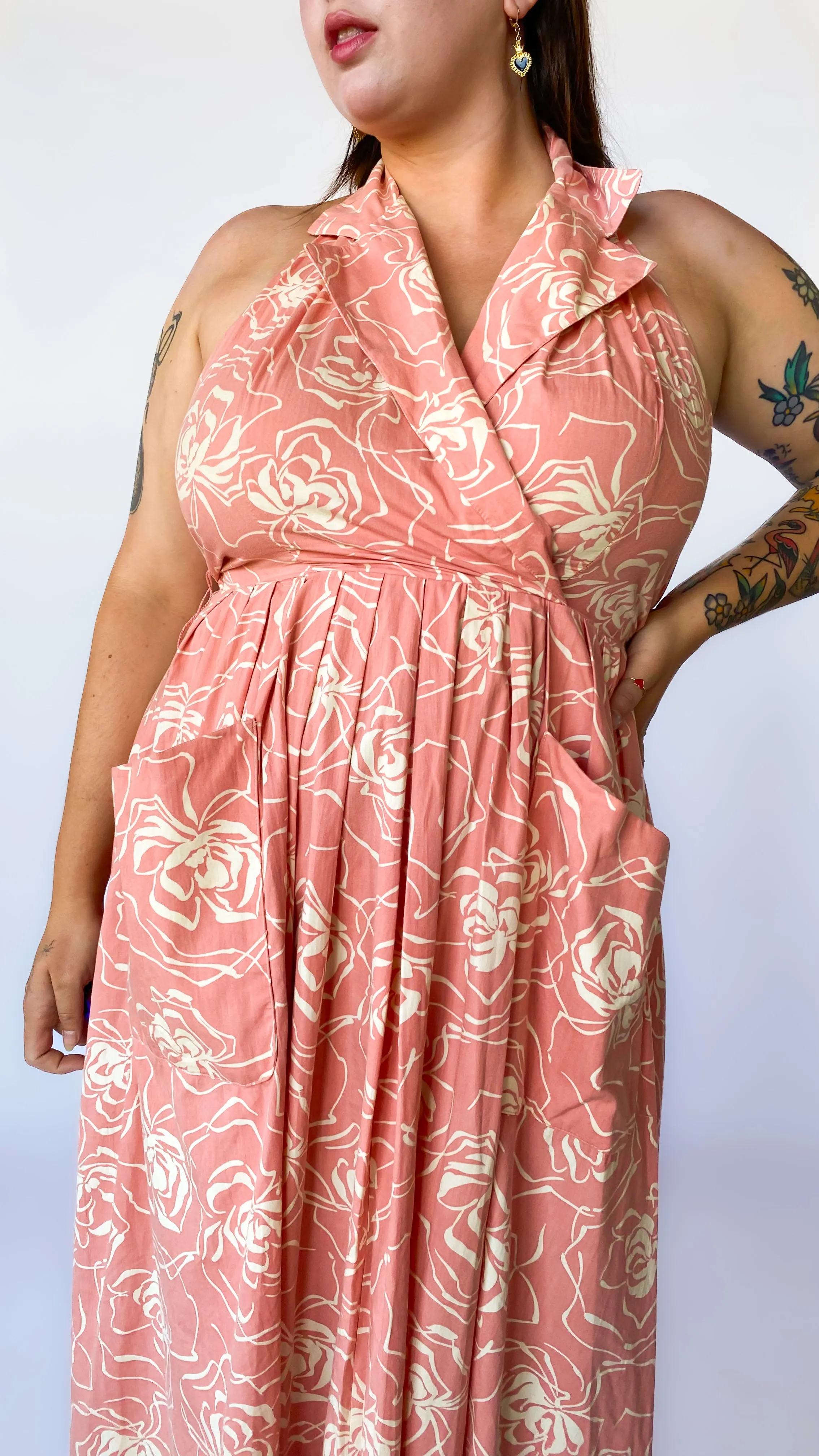 1980s Peach Floral Halter Dress, sz. XL