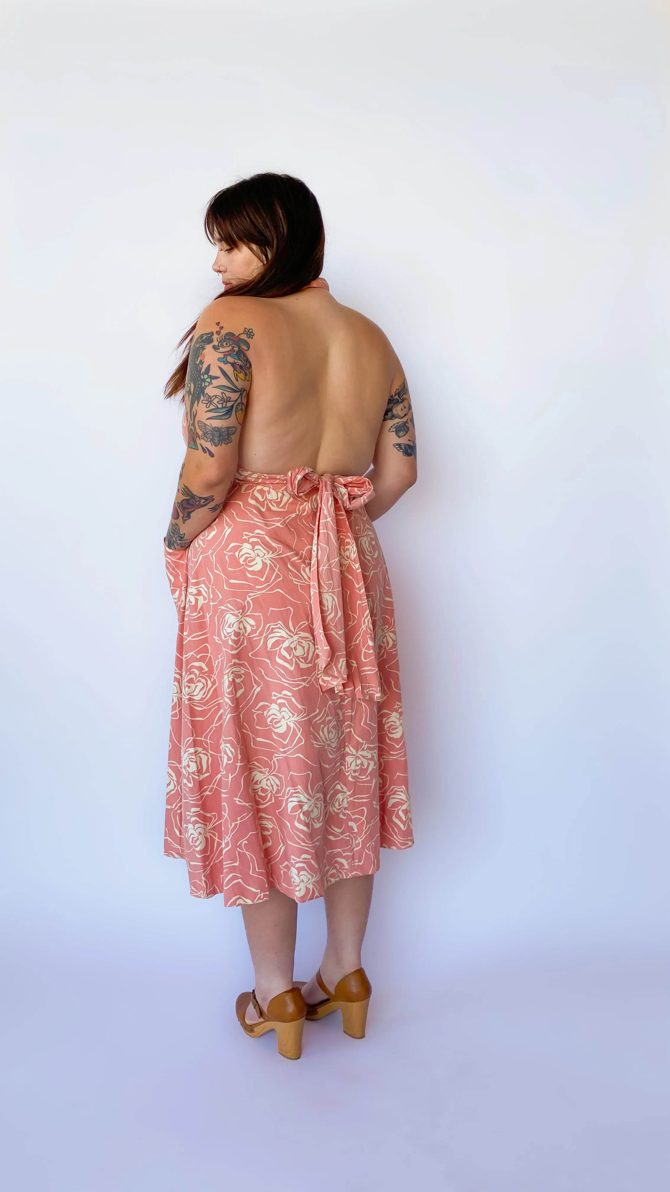 1980s Peach Floral Halter Dress, sz. XL