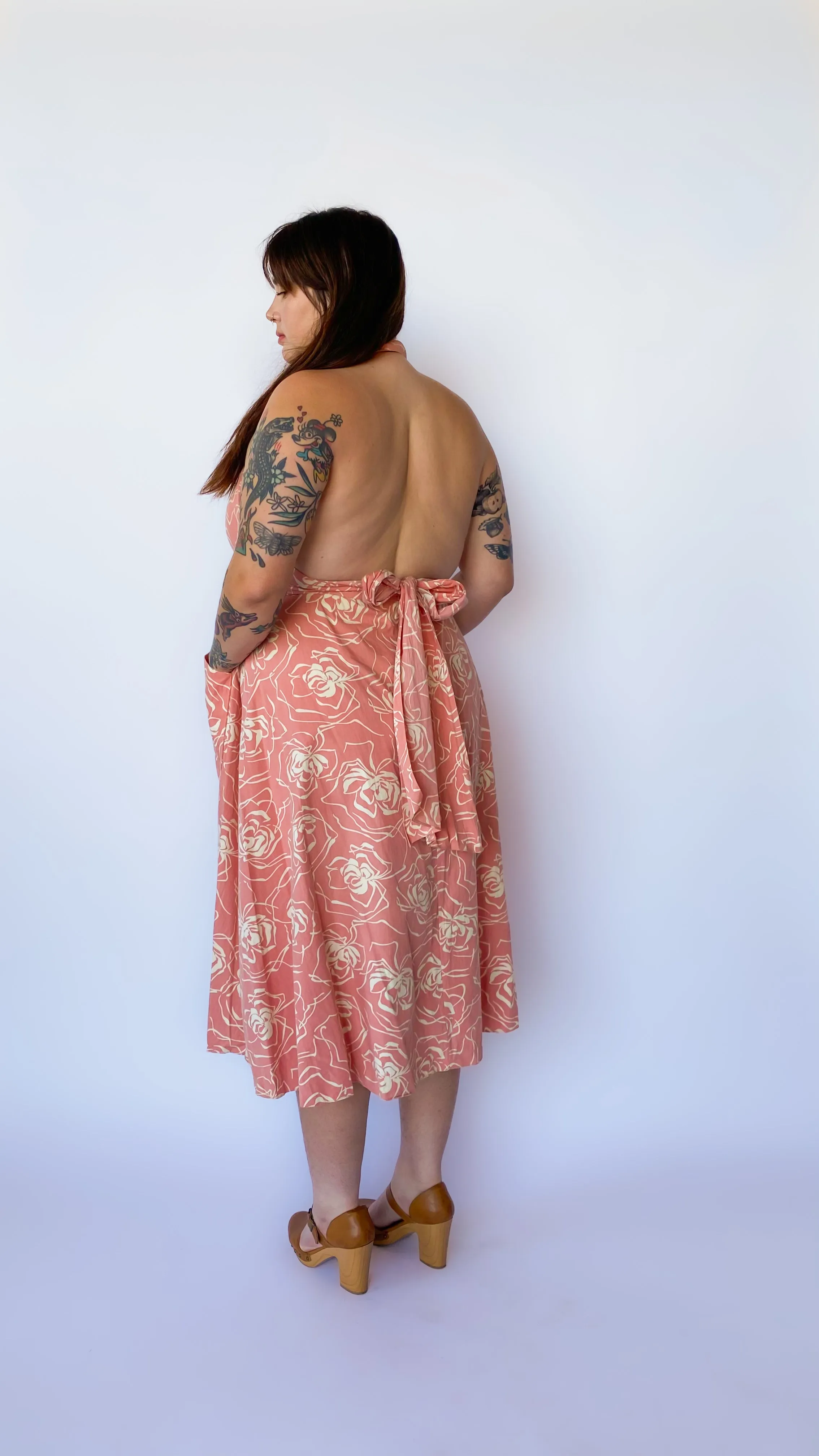 1980s Peach Floral Halter Dress, sz. XL