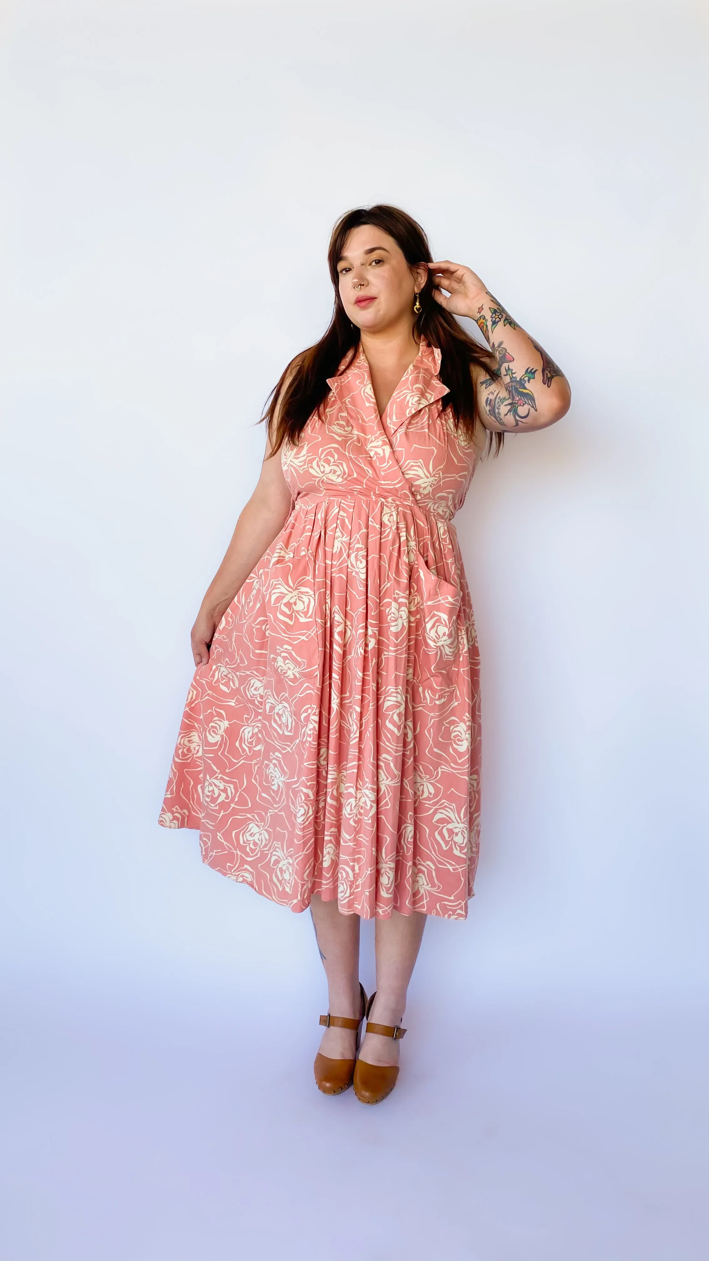 1980s Peach Floral Halter Dress, sz. XL