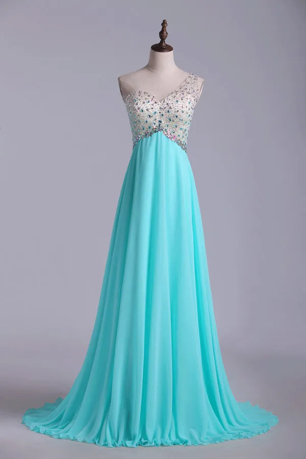 2024 Prom Dresses A Line One Shoulder Tulle & Chiffon Sweep Train With PK4Q2PLC