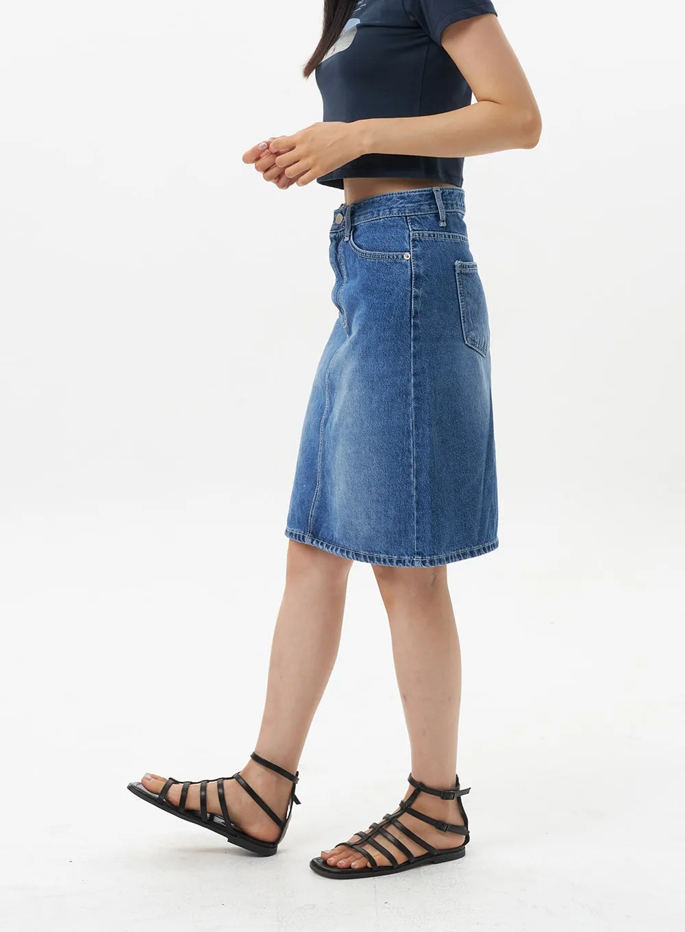 A-Line Denim Midi Skirt OU328