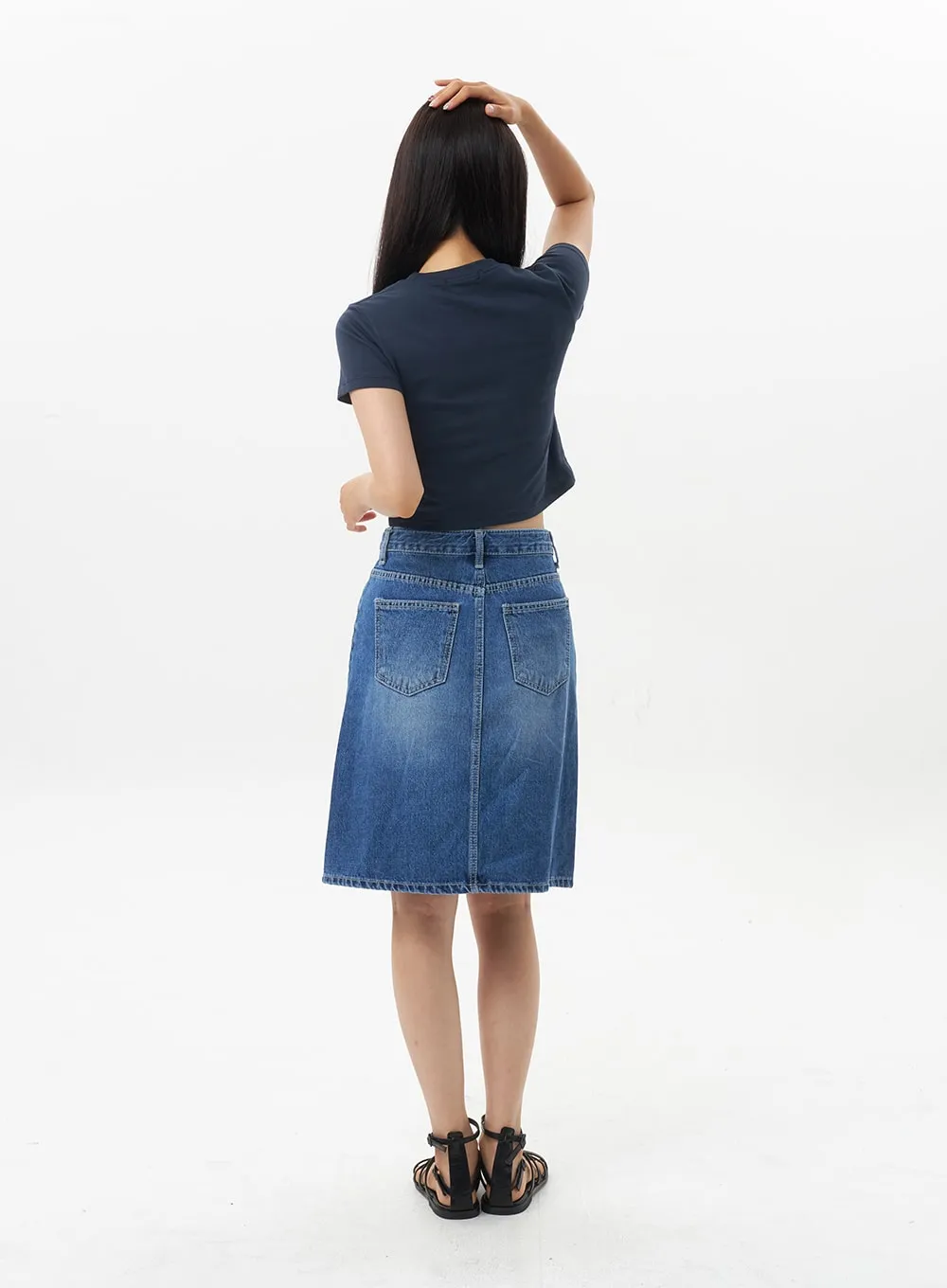 A-Line Denim Midi Skirt OU328