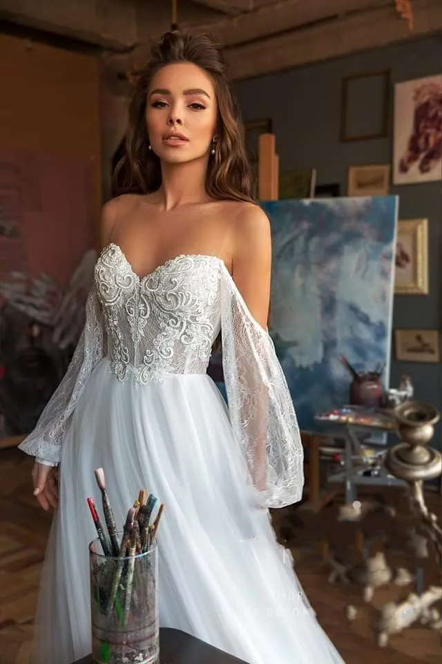 A Line Long Sleeve Wedding Dresses Tulle  Beach Scoop Wedding Dresses ER2059