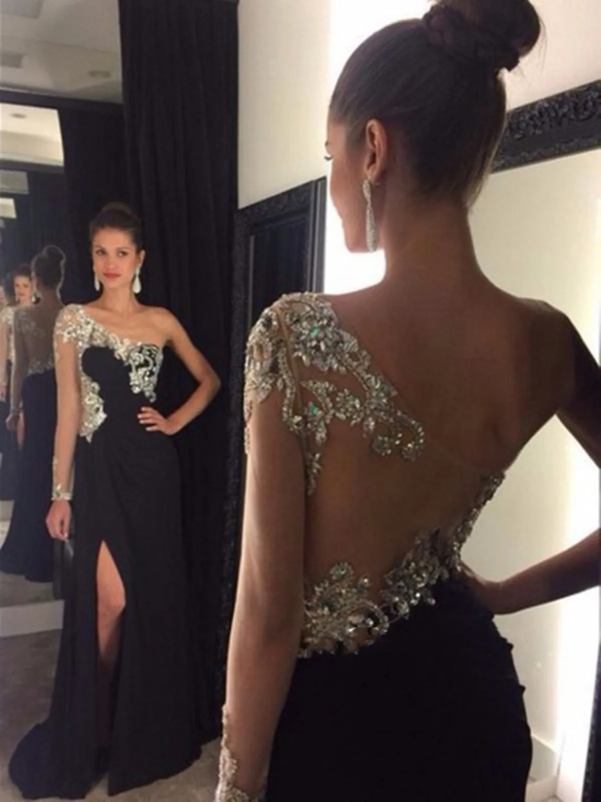 A Line One Shoulder Black Backless Prom Dress, Black Backless Formal Dress