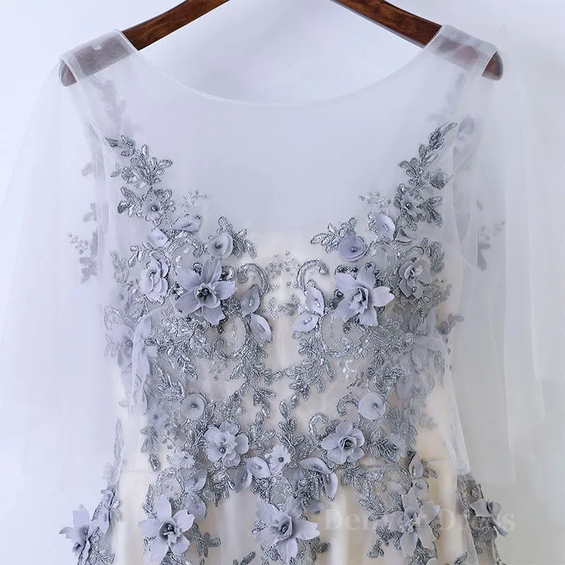 A Line Round Neck Half Sleeves Gray Lace Prom Dresses, Gray Floral Long Formal Evening Dresses