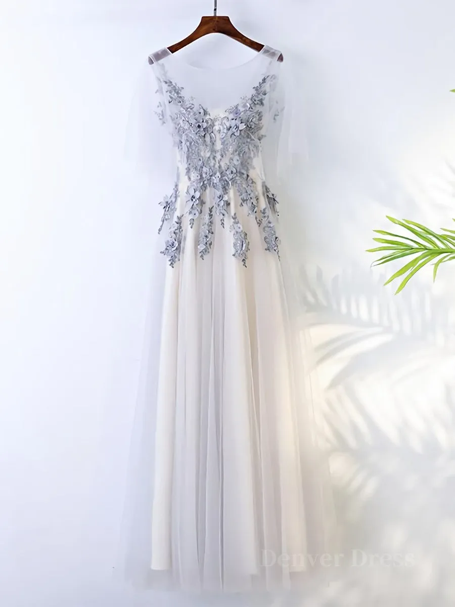 A Line Round Neck Half Sleeves Gray Lace Prom Dresses, Gray Floral Long Formal Evening Dresses