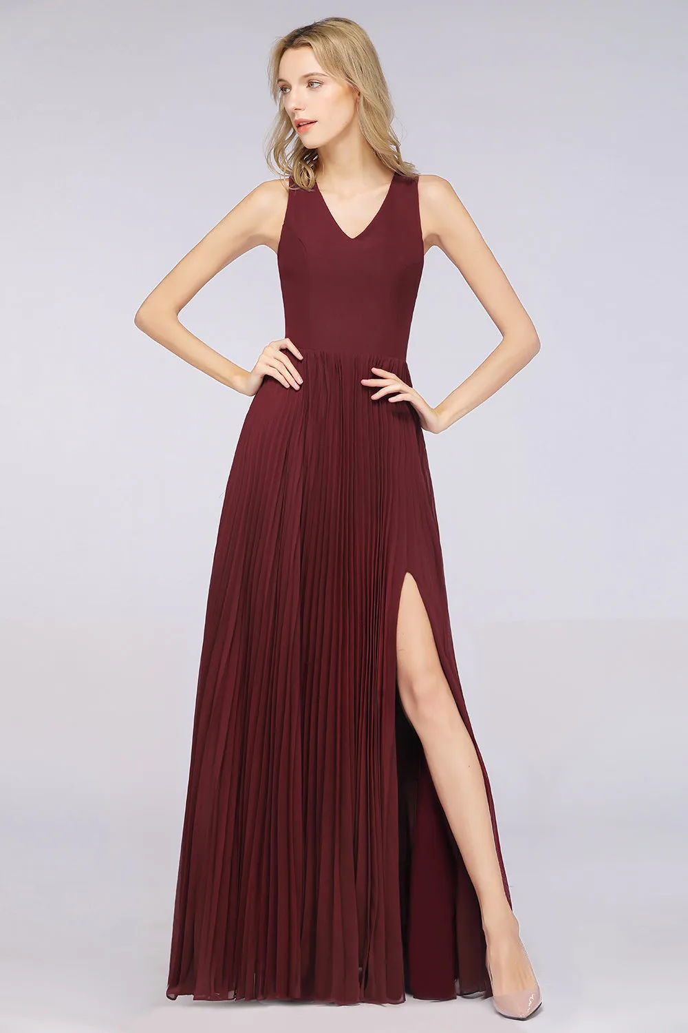 A-Line Satin Chiffon V-Neck Sleeveless Long Bridesmaid Dress with Slit