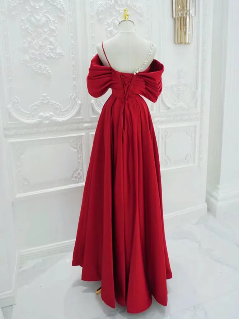 A-Line Satin Off Shoulder Red Long Prom Dress, Red Long Evening Dress