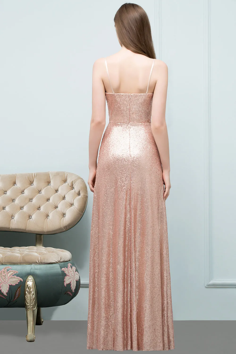 A-line Sequined V-Neck Spaghetti Straps Long Bridesmaid Dress