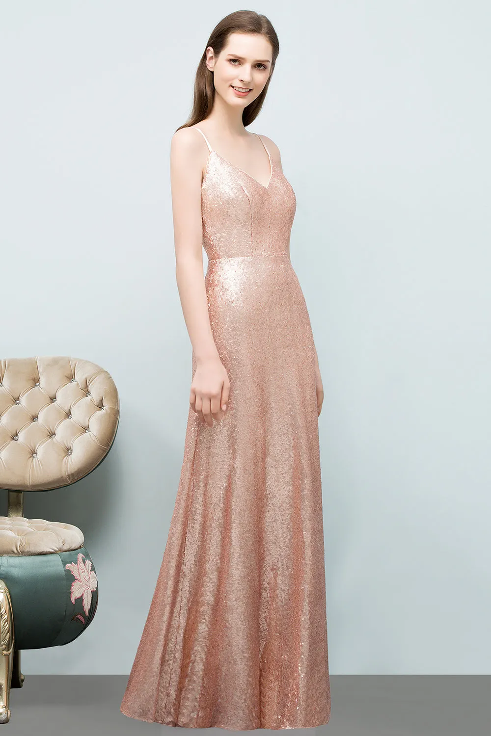 A-line Sequined V-Neck Spaghetti Straps Long Bridesmaid Dress