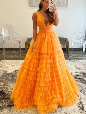 A-line V Neck Layered Tulle Long Prom Dresses Orange Formal Evening Gowns