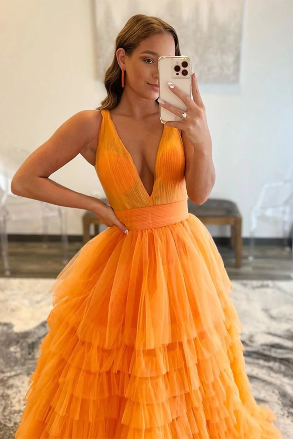 A-line V Neck Layered Tulle Long Prom Dresses Orange Formal Evening Gowns