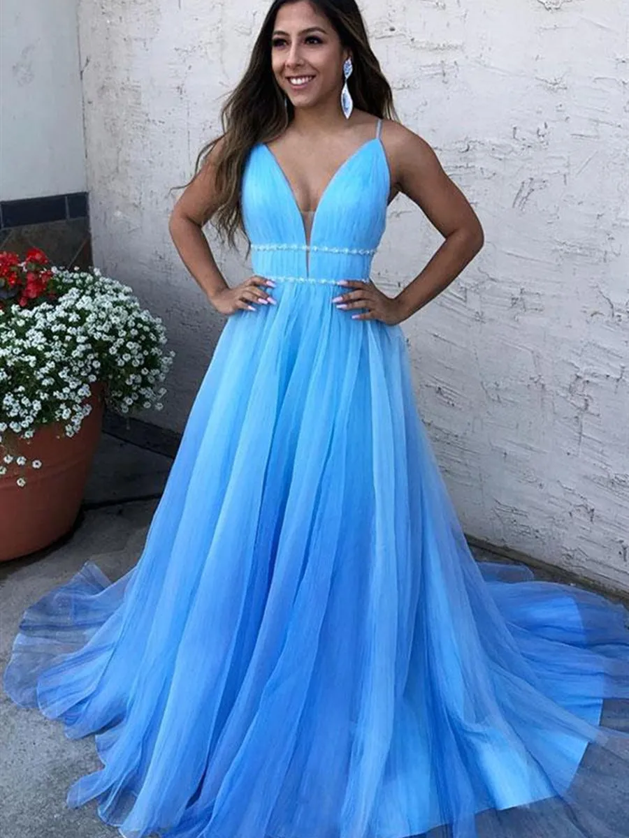 A Line V Neck Tulle Long Prom Dresses with Thin Belt Blue Formal Evening Gowns