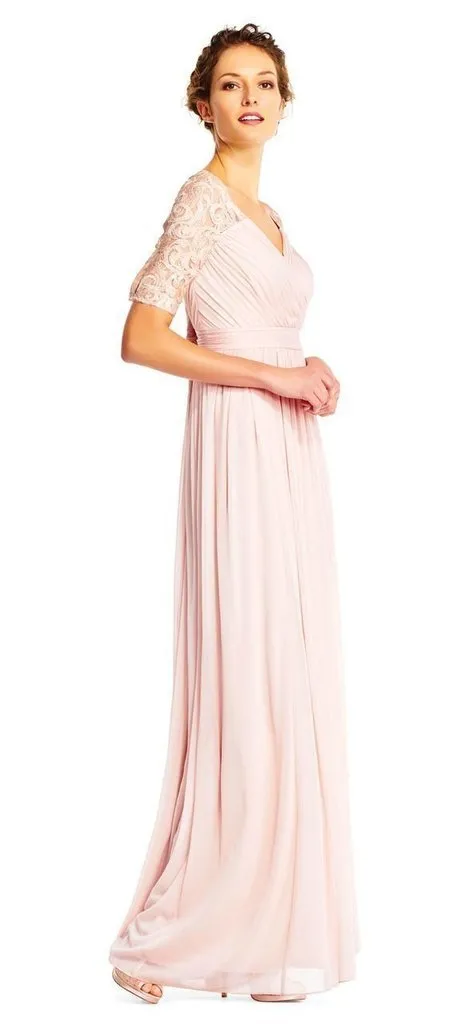 Adrianna Papell - Half Sleeve Pin-Tucked Bodice Long Gown AP1E201417 - 1 pc Blush In Size 12 Available