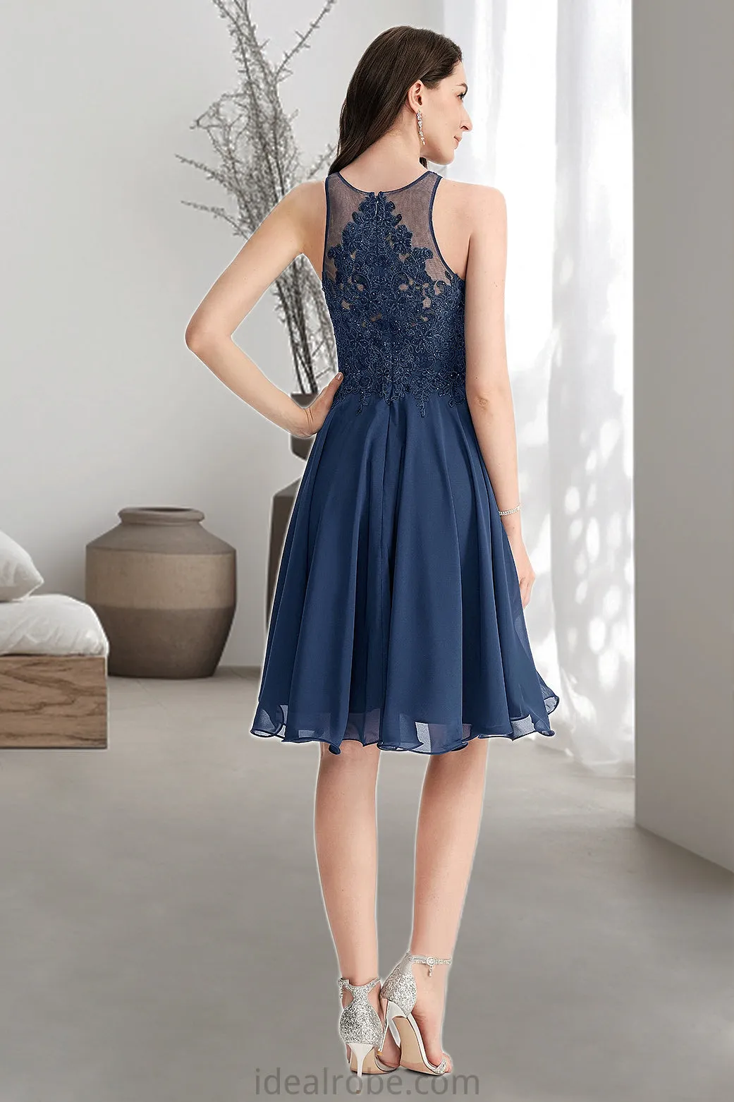 Alani A-line Scoop Knee-Length Chiffon Lace Homecoming Dress With Beading STKP0020515