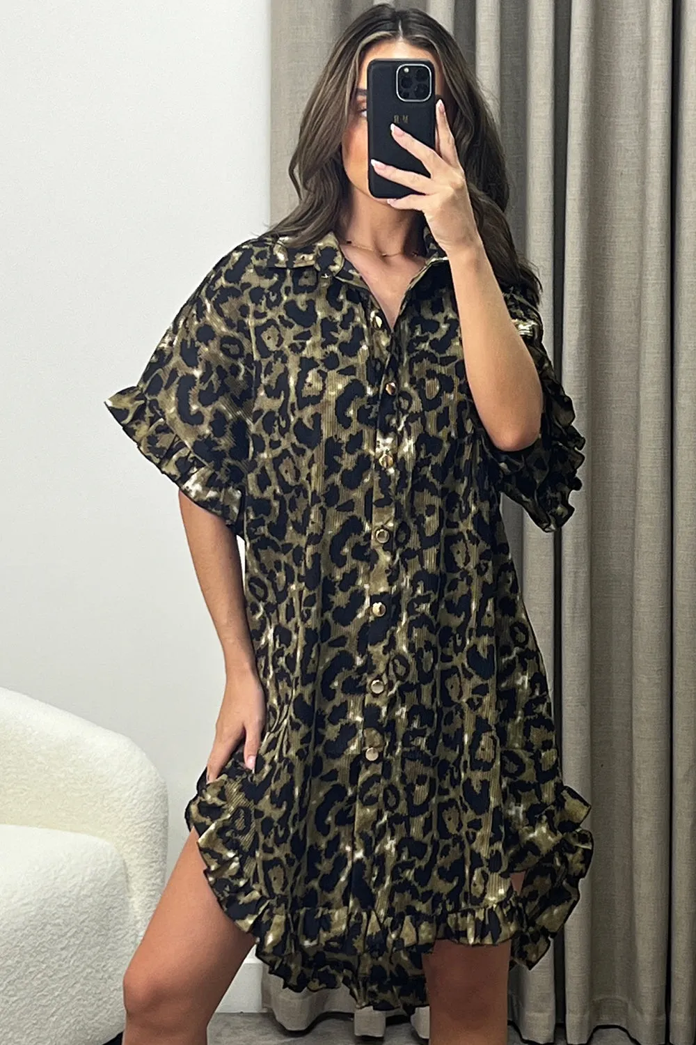 Alyssa Brown Leopard Print Plisse Pleated Frill Hem Shirt Dress