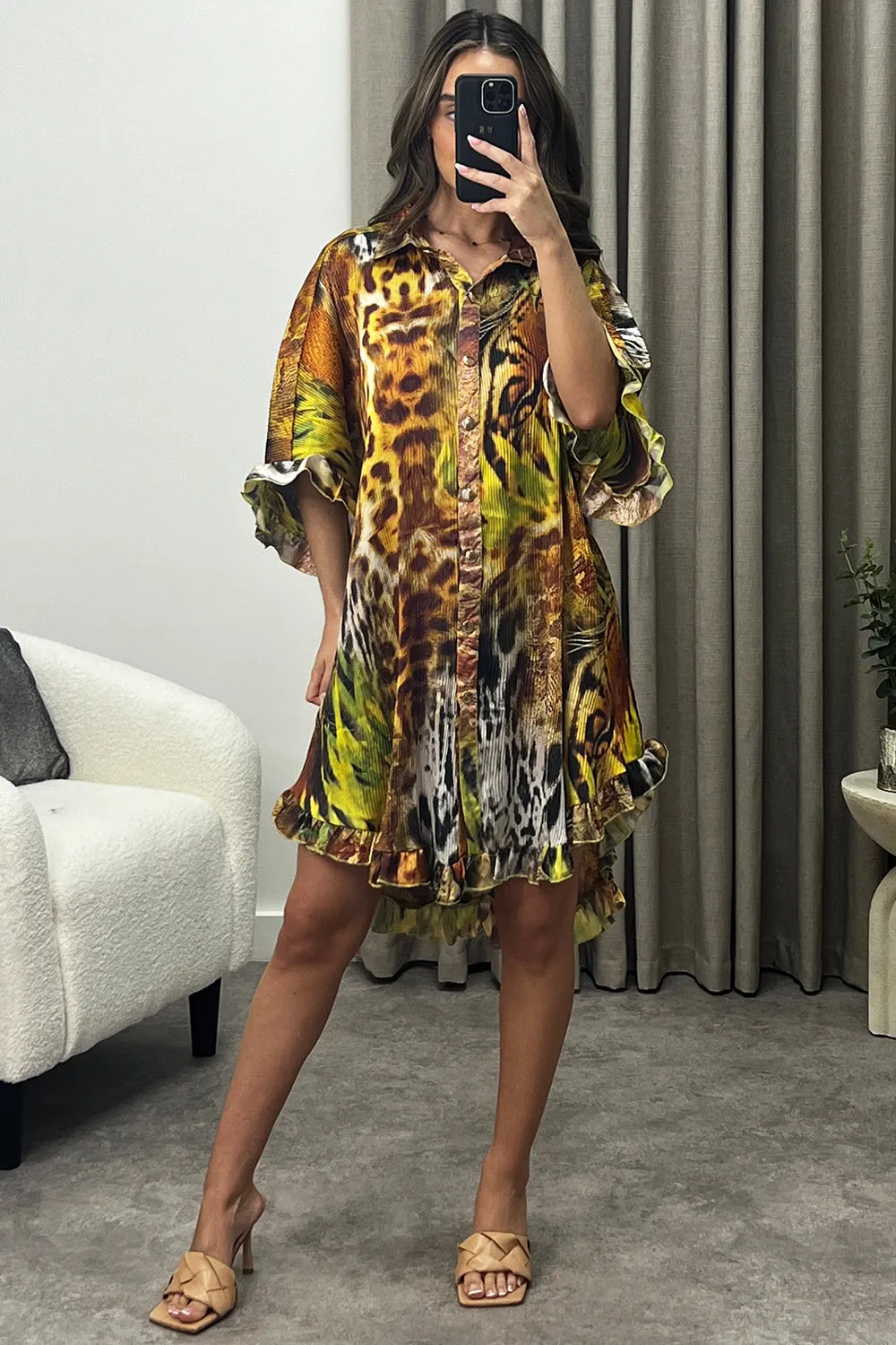 Alyssa Multi Tiger Print Plisse Pleated Frill Hem Shirt Dress