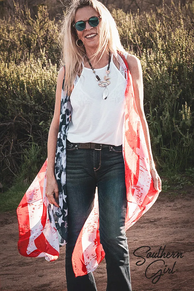 American Flag Red White and Blue semi sheer Kimono Vest