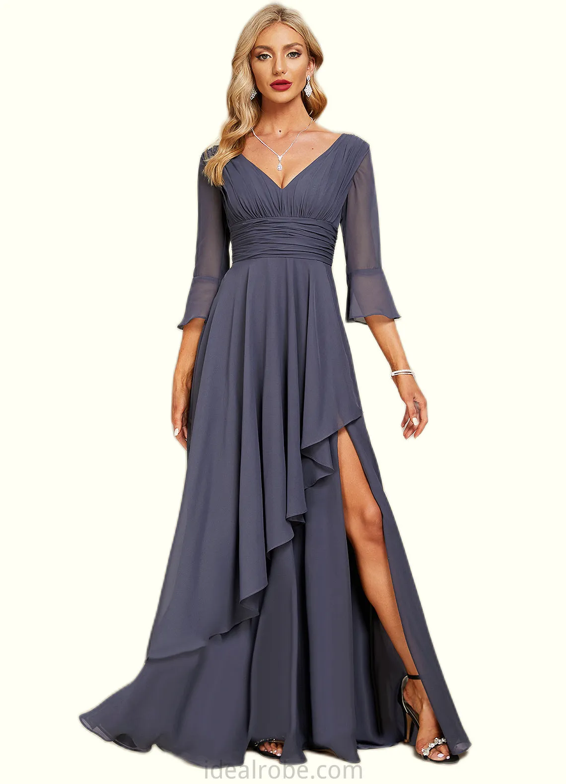 Andrea A-line V-Neck Floor-Length Chiffon Mother of the Bride Dress With Cascading Ruffles STKP0021653