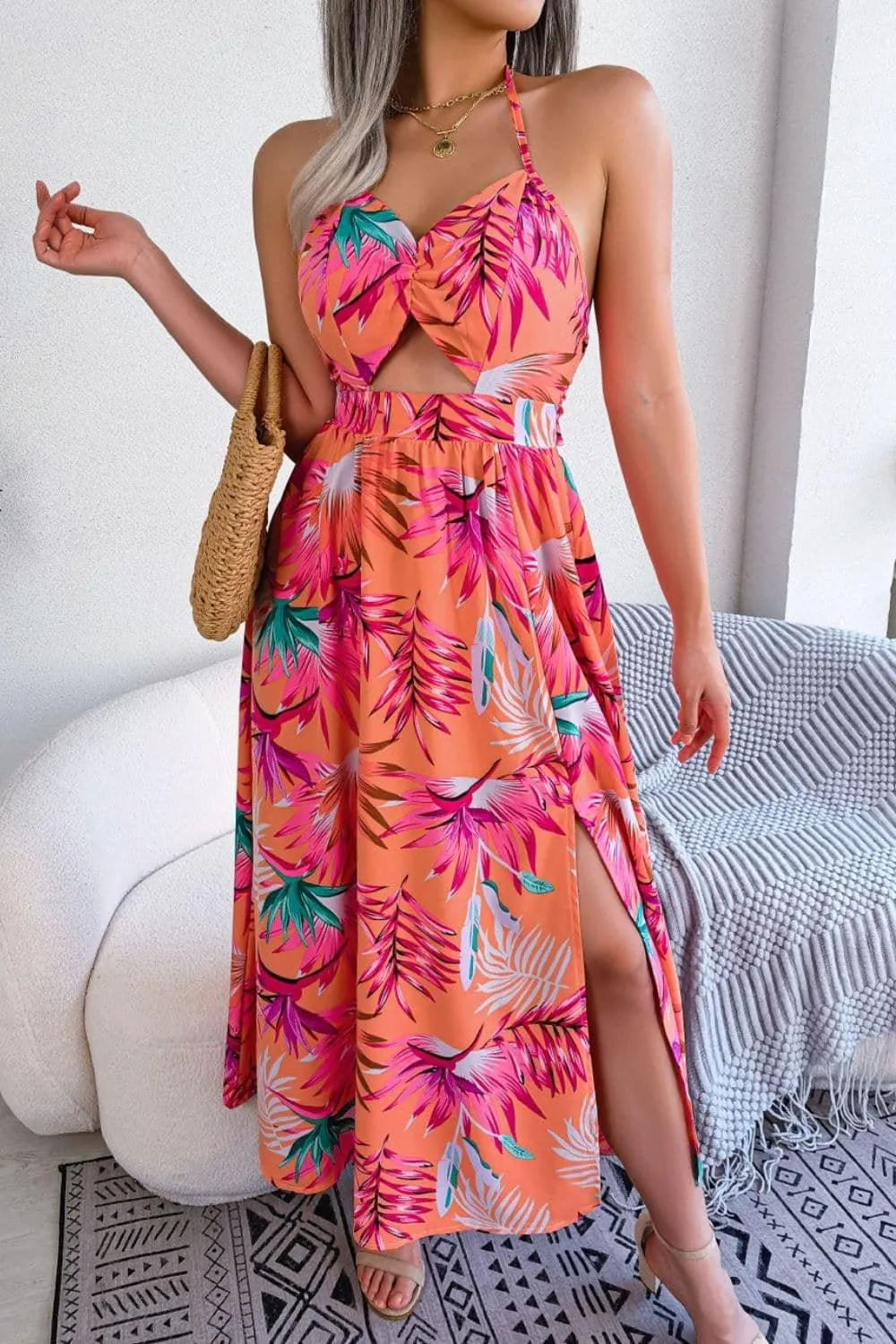 Andrea Botanical Print Tied Backless Cutout Slit Dress