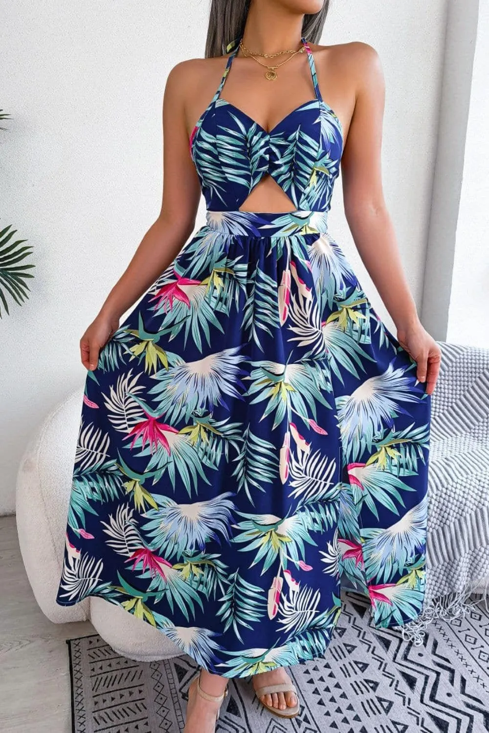 Andrea Botanical Print Tied Backless Cutout Slit Dress