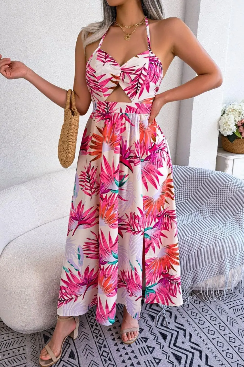 Andrea Botanical Print Tied Backless Cutout Slit Dress