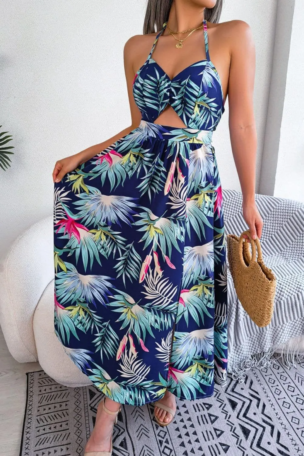 Andrea Botanical Print Tied Backless Cutout Slit Dress