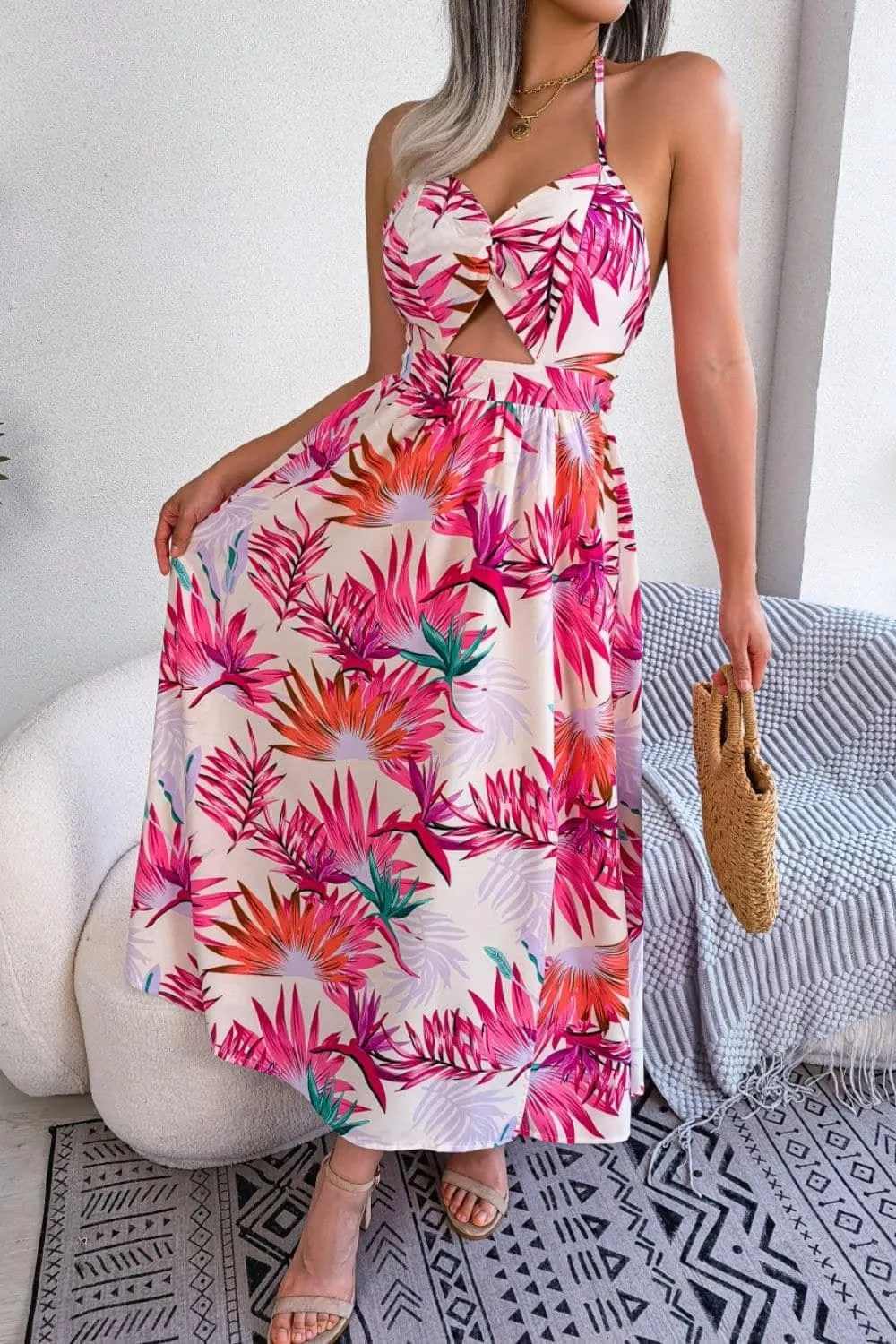 Andrea Botanical Print Tied Backless Cutout Slit Dress