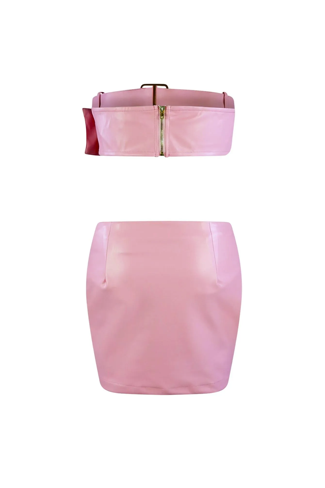 Angel Pink PU Belted Top & Skirt SET