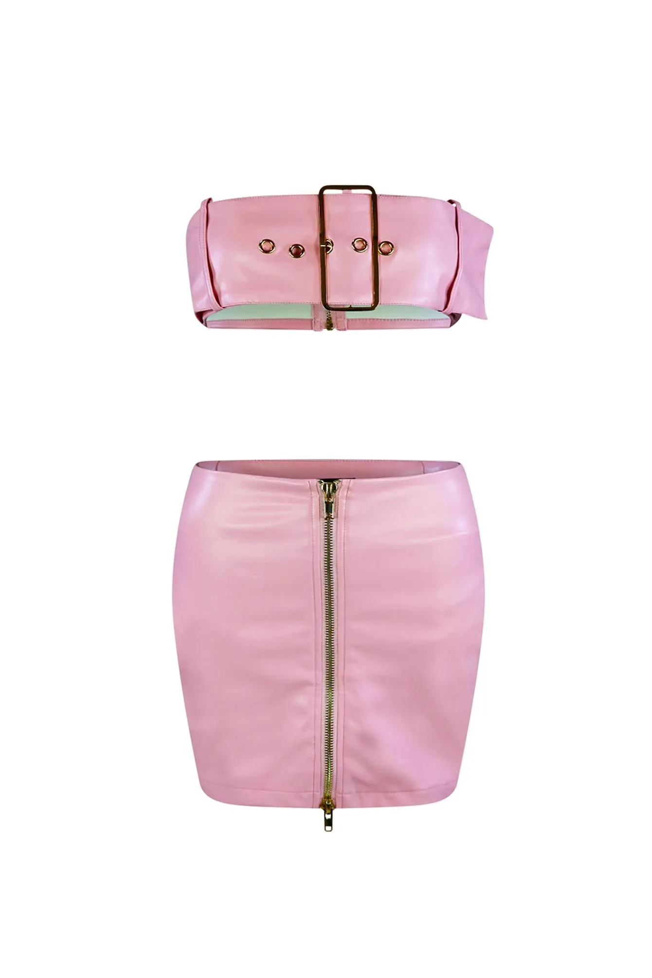 Angel Pink PU Belted Top & Skirt SET