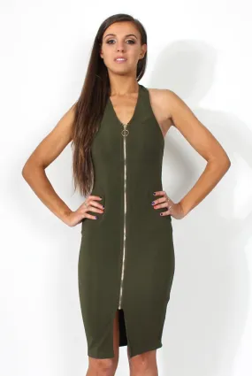 Anya Khaki Front Zip Halter Neck Dress