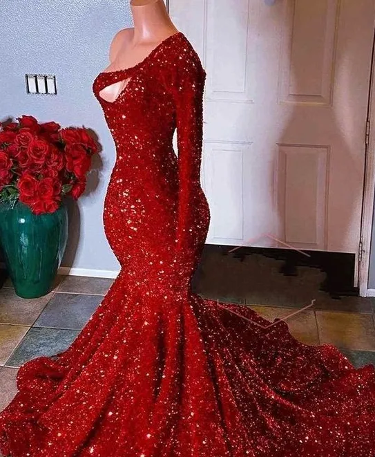 arabic prom dresses, sequins prom dresses, one shoulder prom dresses, red evening dresses      S1961