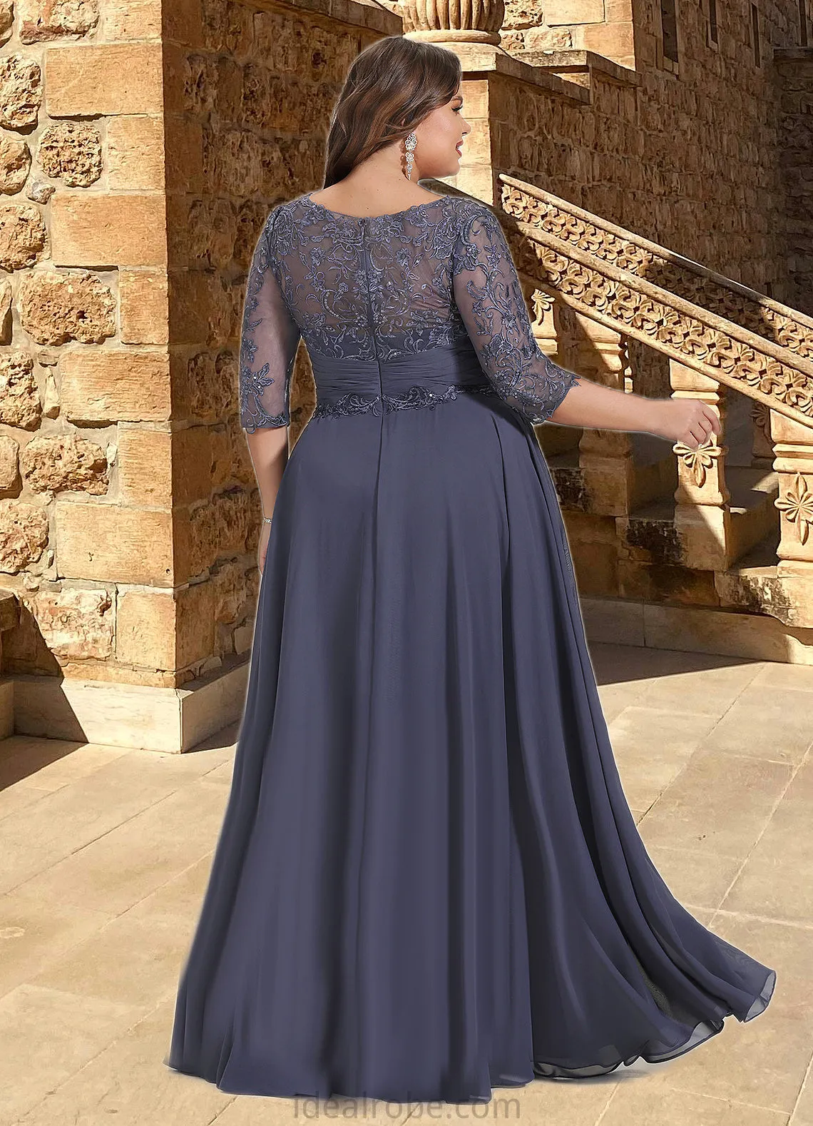 Audrey A-line Scoop Illusion Floor-Length Chiffon Lace Mother of the Bride Dress With Pleated Sequins STKP0021639