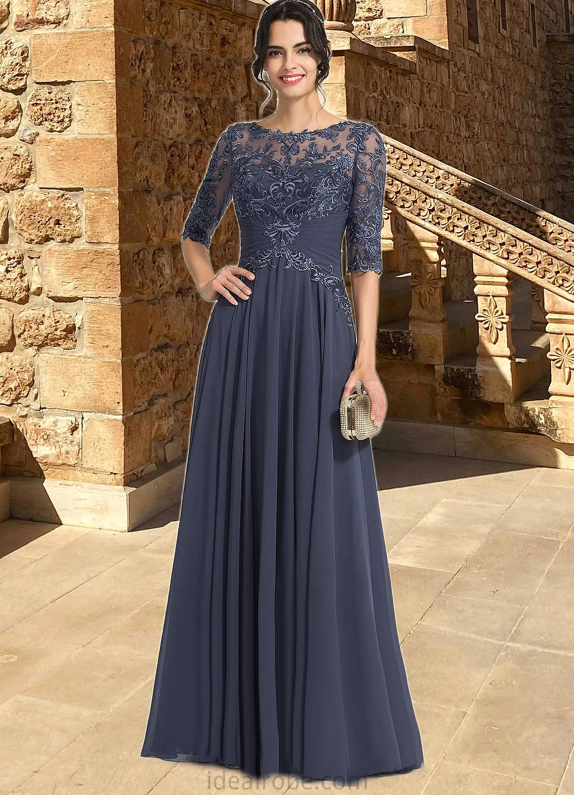 Audrey A-line Scoop Illusion Floor-Length Chiffon Lace Mother of the Bride Dress With Pleated Sequins STKP0021639