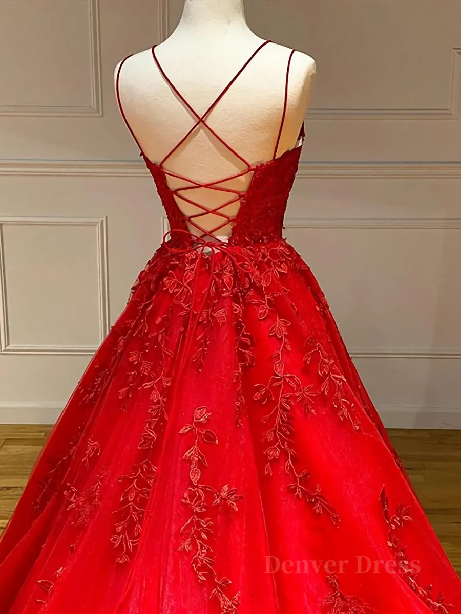 Backless Red Lace Prom Dresses, Red Backless Lace Formal Evening Graduation Dresses