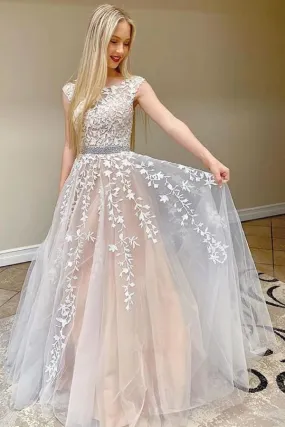 Beautiful A-Line Lace Tulle Backless Long Prom Dress