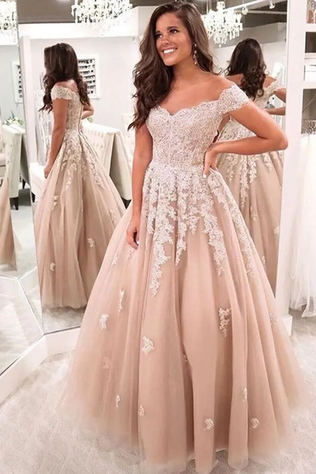 Beautiful Long A-Line Off-the-Shoulder Lace Backless Tulle Prom Dress