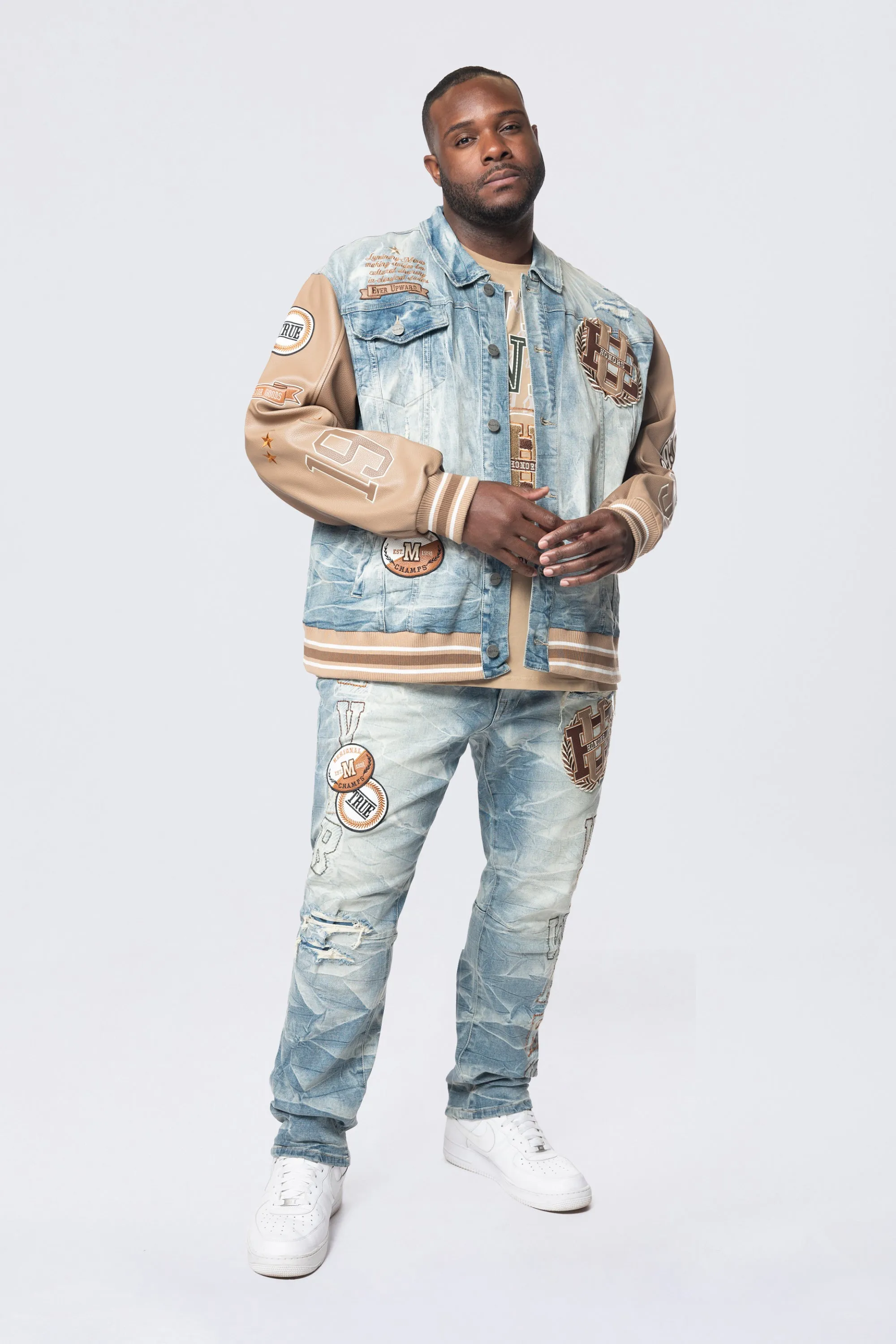 Tall and Big - Clyde Blue Varsity Denim Jacket with Vegan Leather Sleeves