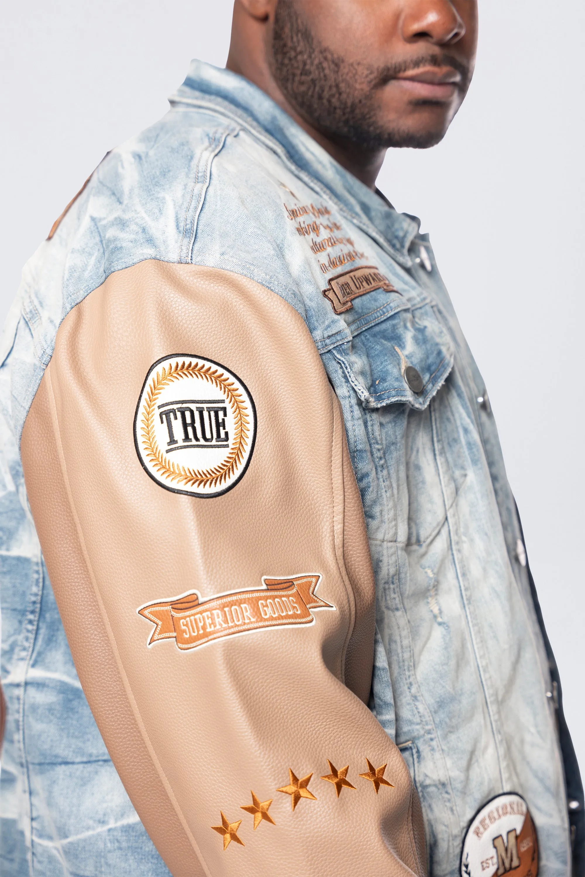 Tall and Big - Clyde Blue Varsity Denim Jacket with Vegan Leather Sleeves