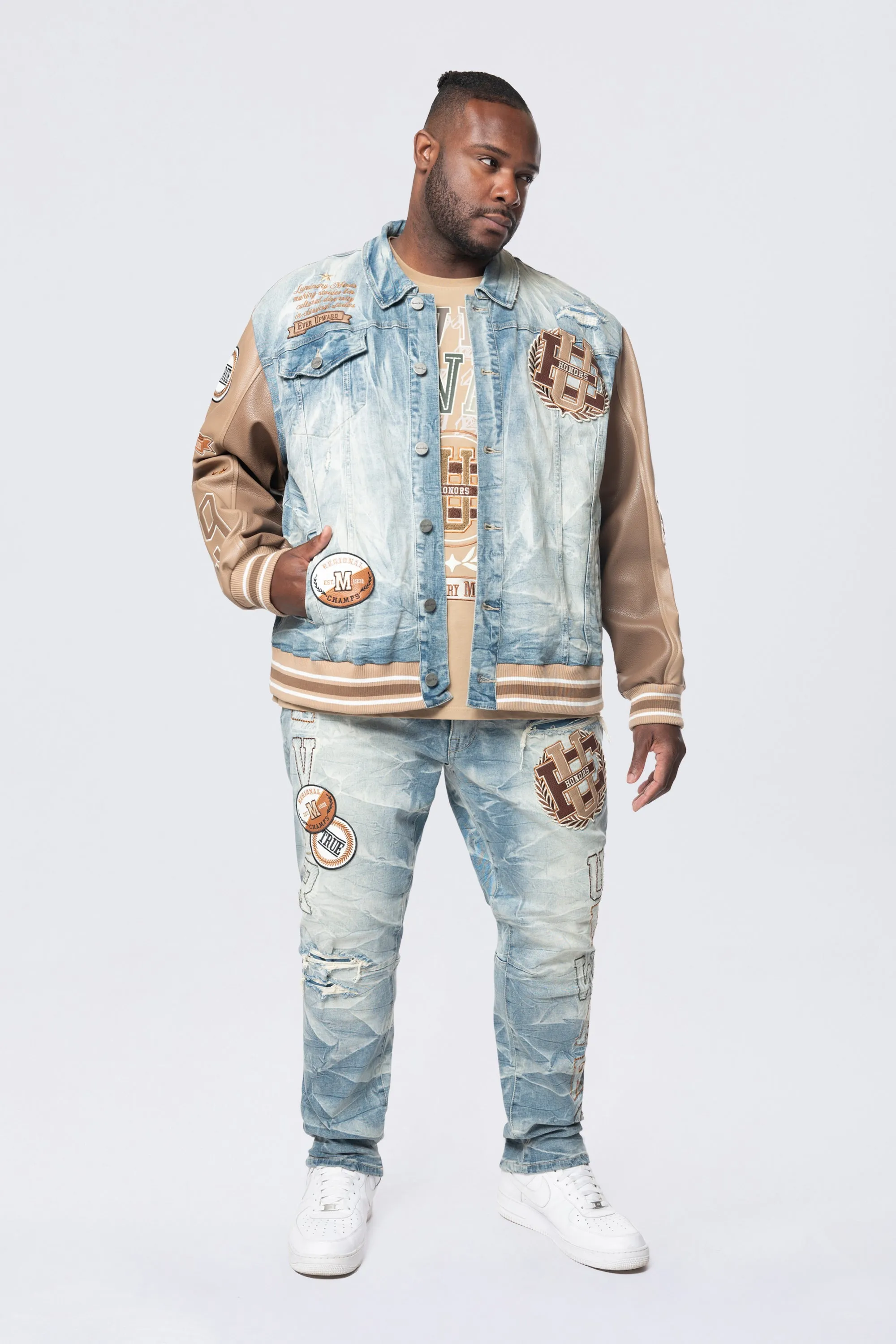 Tall and Big - Clyde Blue Varsity Denim Jacket with Vegan Leather Sleeves