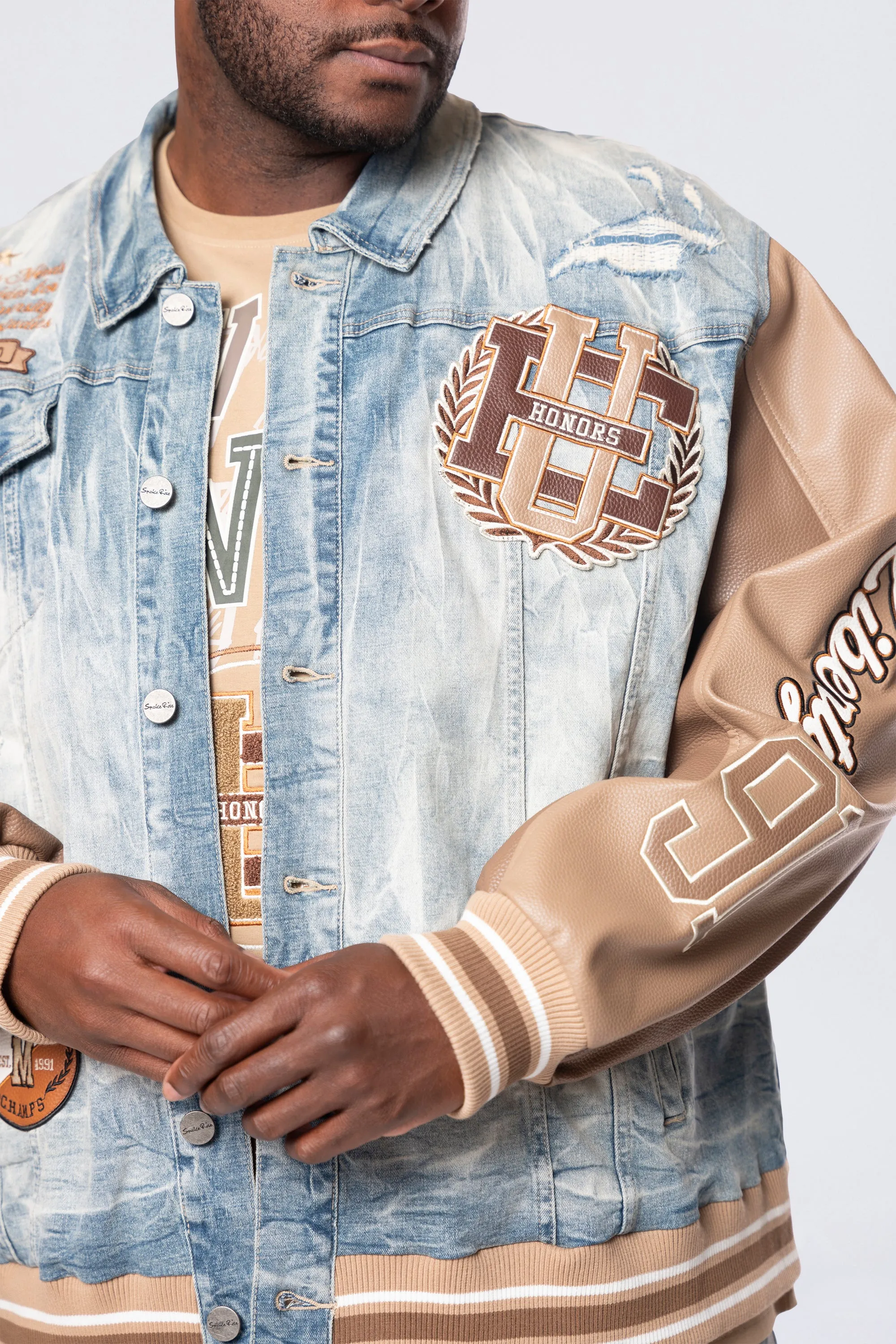 Tall and Big - Clyde Blue Varsity Denim Jacket with Vegan Leather Sleeves