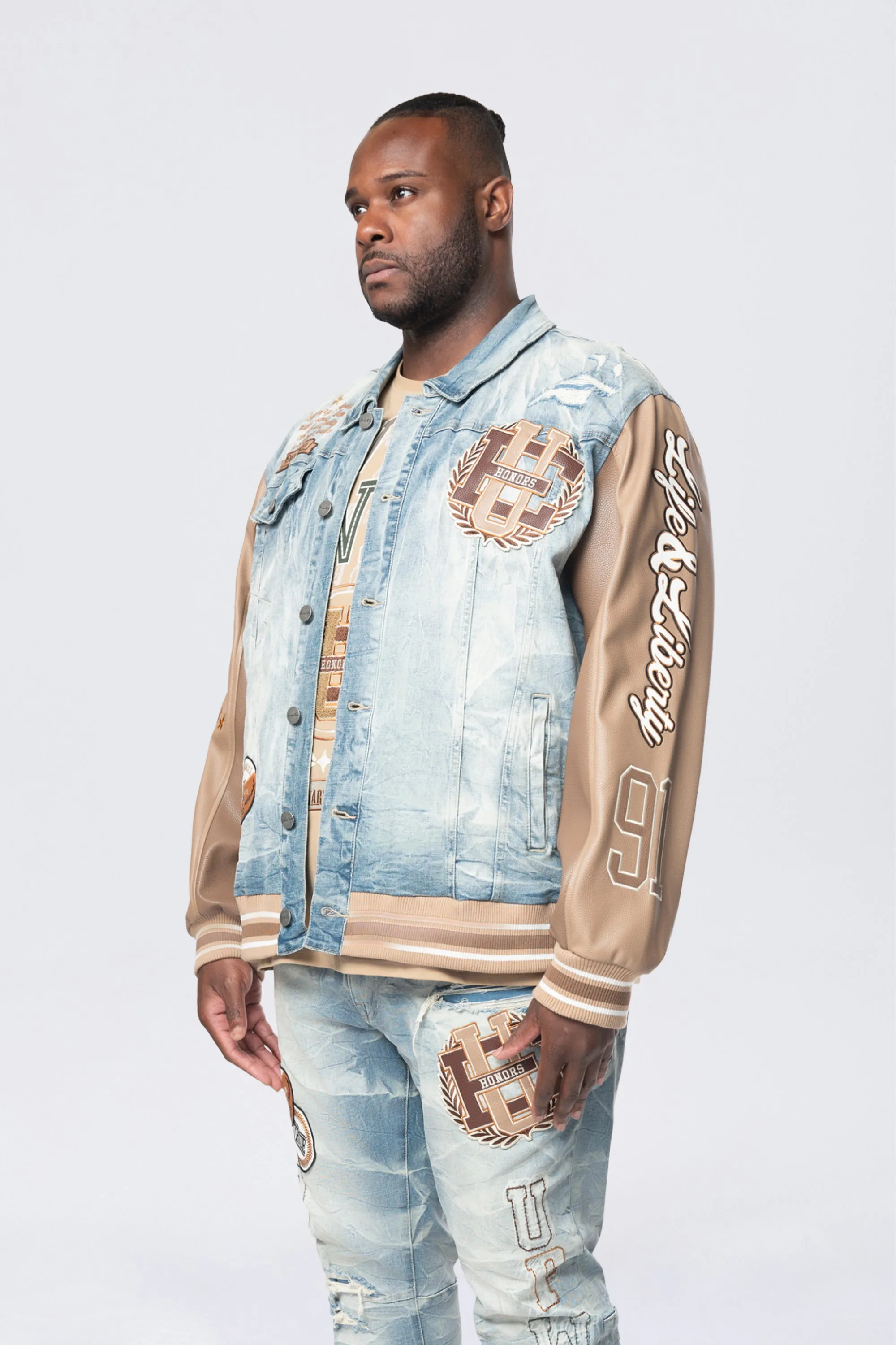 Tall and Big - Clyde Blue Varsity Denim Jacket with Vegan Leather Sleeves