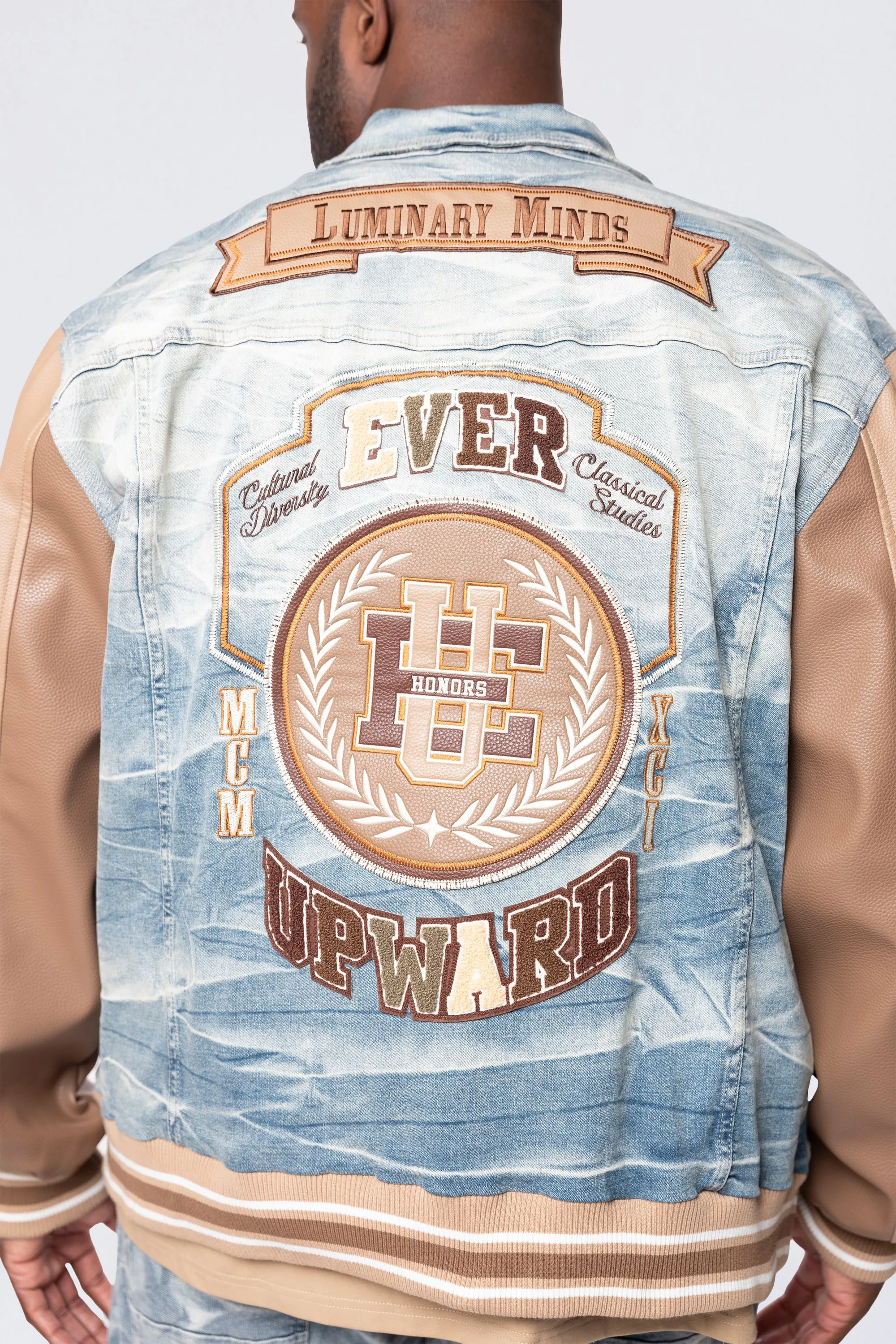 Tall and Big - Clyde Blue Varsity Denim Jacket with Vegan Leather Sleeves