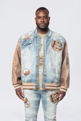 Tall and Big - Clyde Blue Varsity Denim Jacket with Vegan Leather Sleeves