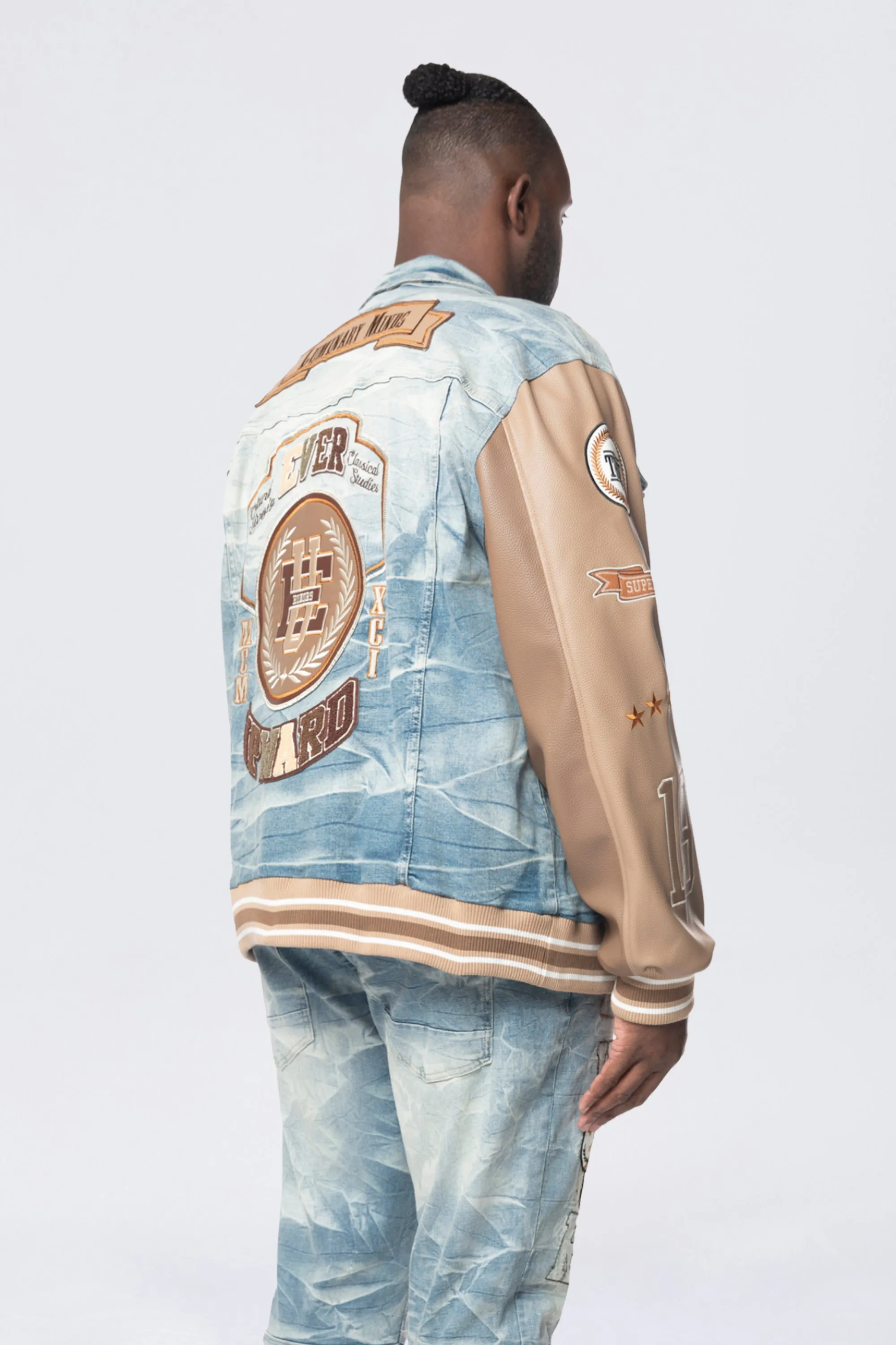 Tall and Big - Clyde Blue Varsity Denim Jacket with Vegan Leather Sleeves